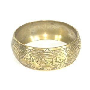 Vintage 1980s Brass Wide Cuff Bracelet Geometric Designer Harvest Wheat Bohemian